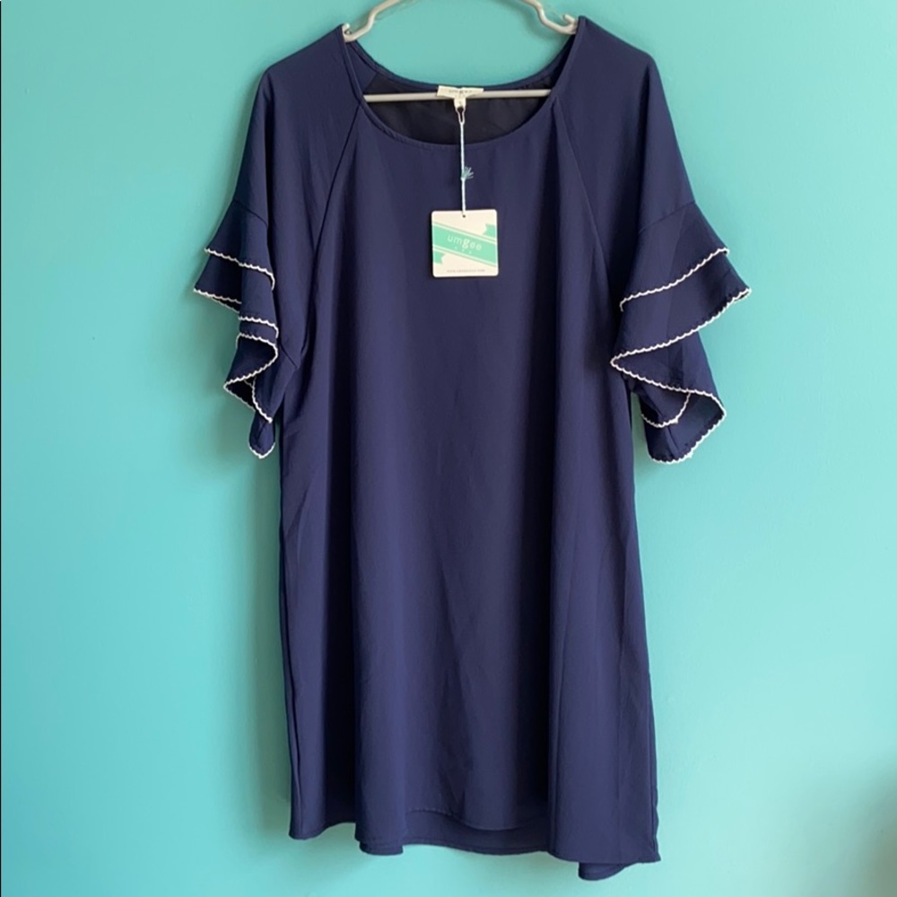 Umgee Navy Blue Ruffle Sleeve Midi Dress